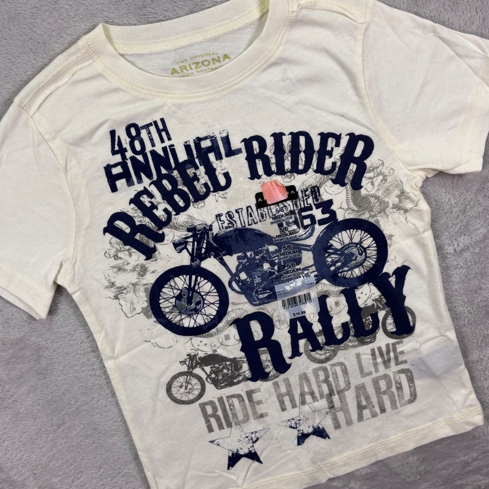 Arizona Boys T-Shirt Sz M Ivory‎ Rebel Rider Rally Motorcycle Graphic Tee